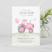 Roze Tractor & Ballonnen Verjaardagsfeest Uitnodig Kaart (Staand voorkant)