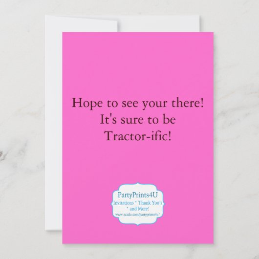 Roze tractor Boerderij Birthday Party nodigt uit Kaart (Achterkant)