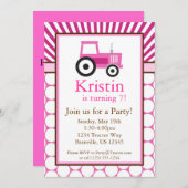 Roze tractor Boerderij Birthday Party nodigt uit Kaart (Voorkant / Achterkant)