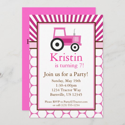 Roze tractor Boerderij Birthday Party nodigt uit Kaart (Voorkant / Achterkant)