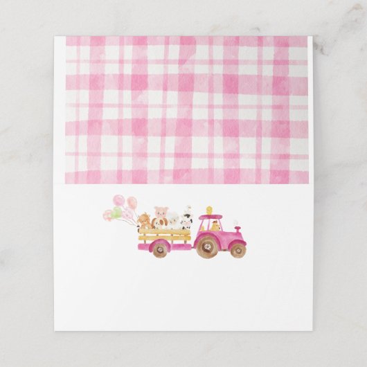 Roze tractor boerderij dieren meisje verjaardag vo plaatskaartje (Buitenkant ongevouwen)