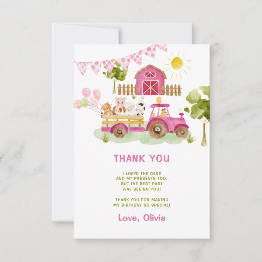 Roze tractor boerderij dieren verjaardag dank u kaart (Voorkant)