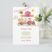 Roze tractor boerderij dieren verjaardag dank u kaart (Staand voorkant)