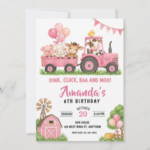 Roze Tractor Boerderij Dieren Verjaardagsfeestje Kaart