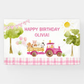 Roze tractor boerderij dieren verjaardagsfeestje spandoek (Horizontaal)
