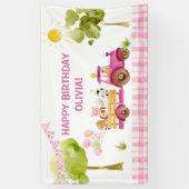 Roze tractor boerderij dieren verjaardagsfeestje spandoek (Verticaal)