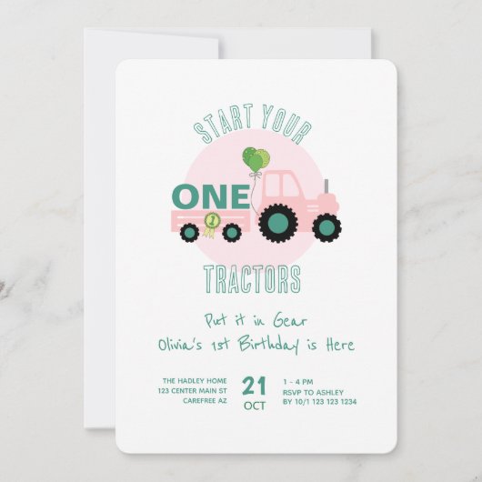 Roze Tractor Boerderij Meisje 1e Verjaardag Kaart (Voorkant)