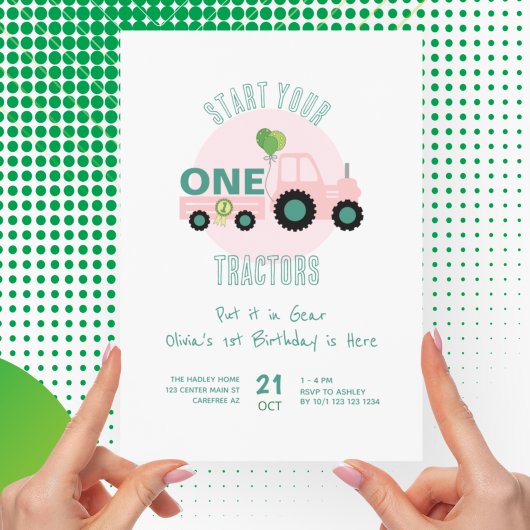 Roze Tractor Boerderij Meisje 1e Verjaardag Kaart