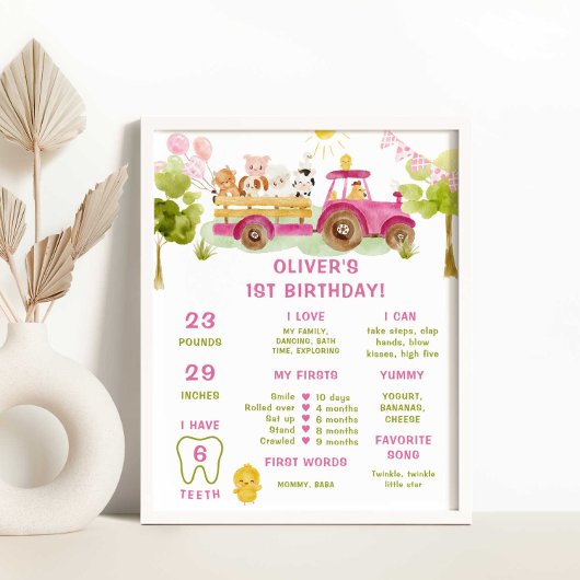 Roze tractor boerderijdieren infographic Milestone Poster