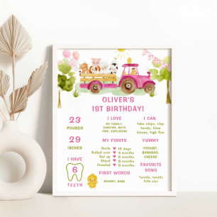 Roze tractor boerderijdieren infographic Milestone Poster