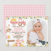 Roze Tractor boog Boerderij Dieren 1e Verjaardag Kaart (Voorkant / Achterkant)