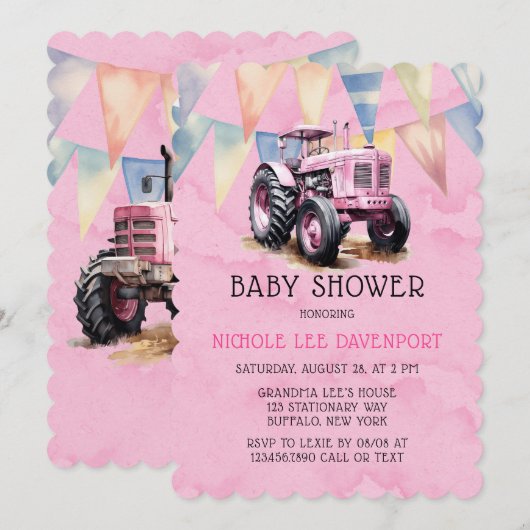 Roze Tractor Flag Waterverf Meisje Baby shower Kaart (Voorkant / Achterkant)