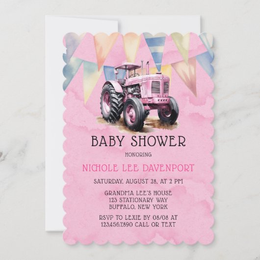 Roze Tractor Flag Waterverf Meisje Baby shower Kaart (Voorkant)