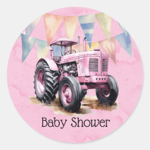 Roze Tractor Flag Waterverf Meisje Baby shower Ronde Sticker