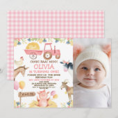 Roze Tractor Foto Boerderij Dieren 1e Verjaardag Kaart (Voorkant / Achterkant)