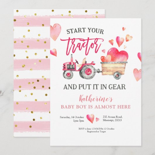 Roze tractor Girl Baby shower Kaart (Voorkant / Achterkant)