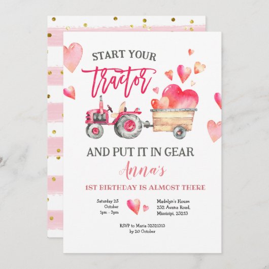 Roze tractor Girl Birthday Uitnodiging (Voorkant / Achterkant)