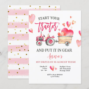 Roze tractor Girl Birthday Uitnodiging