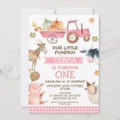 Roze Tractor pompoen en boerderijdieren 1e verjaar Kaart (Voorkant)