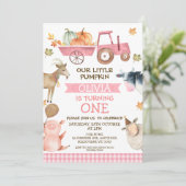 Roze Tractor pompoen en boerderijdieren 1e verjaar Kaart (Staand voorkant)