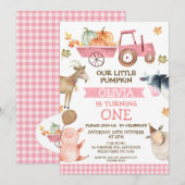 Roze Tractor pompoen en boerderijdieren 1e verjaar Kaart (Voorkant / Achterkant)