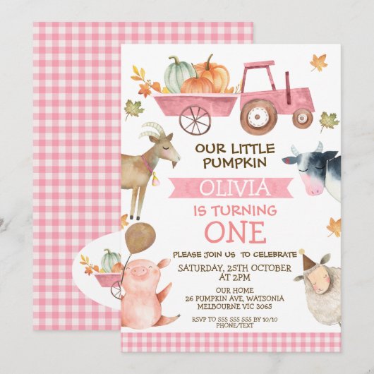 Roze Tractor pompoen en boerderijdieren 1e verjaar Kaart (Voorkant / Achterkant)