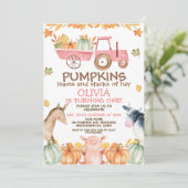 Roze Tractor Pompoenen Boerderij Dieren 1e Verjaar Kaart (Staand voorkant)