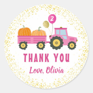 Roze tractor Pumpkin Autumn Birthday Dank u Ronde Sticker