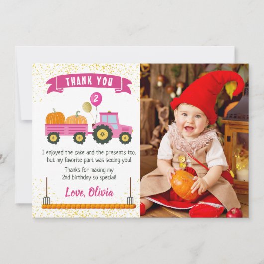 Roze tractor Pumpkin Autumn Birthday Foto Bedankkaart (Voorkant)