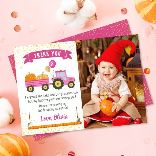 Roze tractor Pumpkin Autumn Birthday Foto Bedankkaart