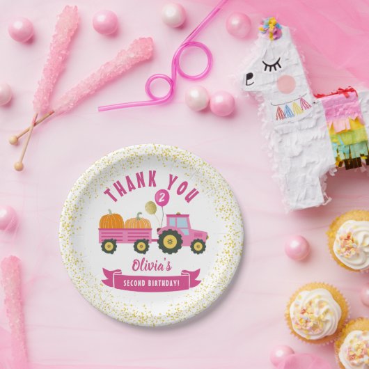 Roze tractor Pumpkin Autumn Birthday Hartelijk dan Papieren Bordje (Feest)