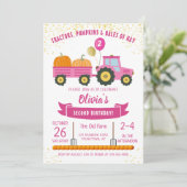 Roze tractor Pumpkin Girls herfst Birthday Kaart (Staand voorkant)