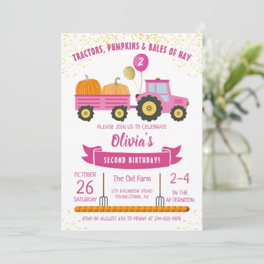Roze tractor Pumpkin Girls herfst Birthday Kaart (Staand voorkant)