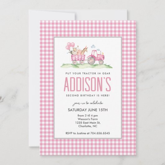 Roze Tractor Verjaardag, Meisje Boerderij Uitnodig Kaart (Voorkant)