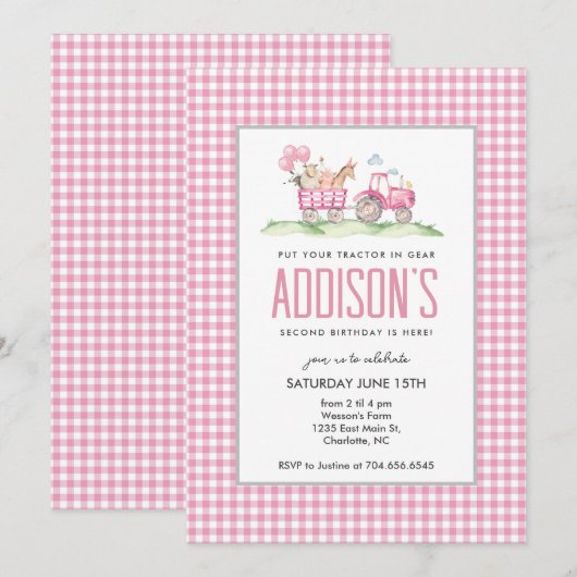 Roze Tractor Verjaardag, Meisje Boerderij Uitnodig Kaart (Voorkant / Achterkant)