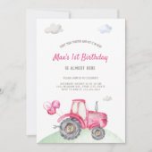 Roze Tractor Verjaardag Uitnodiging (Voorkant)