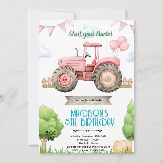 Roze tractor verjaardagsfeest uitnodiging (Voorkant)
