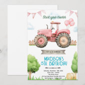 Roze tractor verjaardagsfeest uitnodiging (Voorkant / Achterkant)