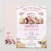 Roze Tractor Verjaardagsfeest Uitnodiging Boerderi (Voorkant / Achterkant)