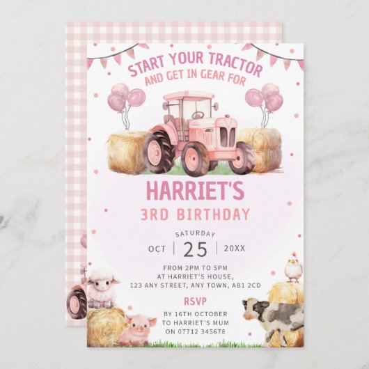 Roze Tractor Verjaardagsfeest Uitnodiging Boerderi (Voorkant / Achterkant)