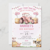 Roze Tractor Verjaardagsfeest Uitnodiging Boerderi