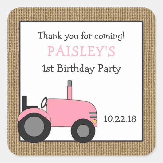 Roze tractor verjaardagsfeestje gunst sticker (Voorkant)