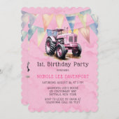 Roze Tractor Vlag Meisje 1e Verjaardagsfeestje Kaart (Voorkant / Achterkant)
