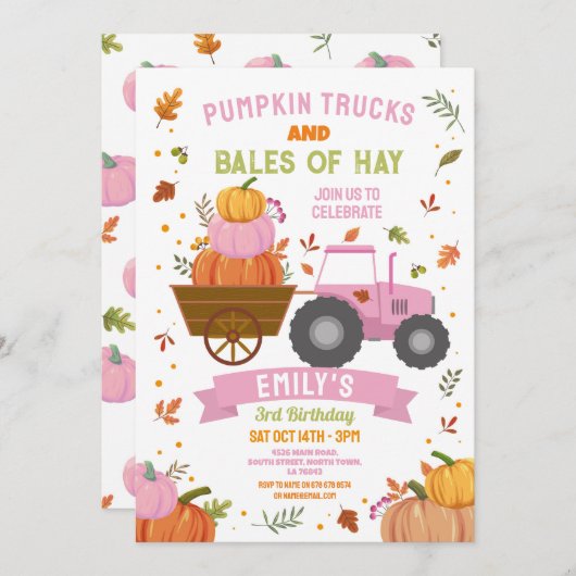 Roze Tractoren Pompoen Verjaardag Oogst Feest Kaart (Voorkant / Achterkant)