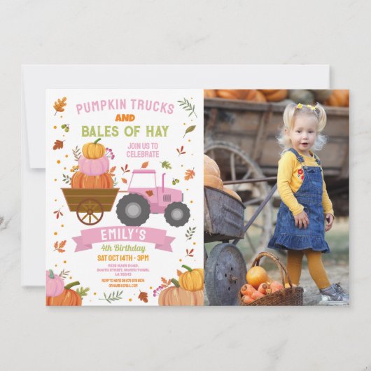 Roze Tractoren Pompoen Verjaardag Oogst Party Foto Kaart (Voorkant)
