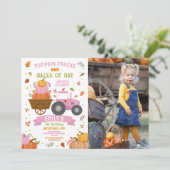 Roze Tractoren Pompoen Verjaardag Oogst Party Foto Kaart (Staand voorkant)