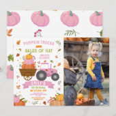 Roze Tractoren Pompoen Verjaardag Oogst Party Foto Kaart (Voorkant / Achterkant)