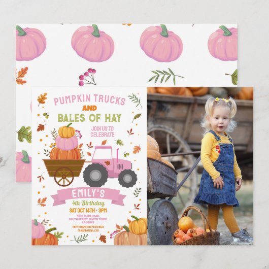 Roze Tractoren Pompoen Verjaardag Oogst Party Foto Kaart (Voorkant / Achterkant)