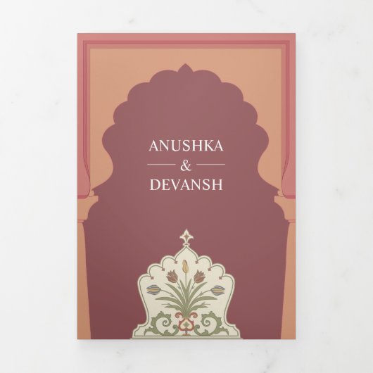  Roze Traditionele Indische Boog Bruiloft Drieluik Uitnodiging (Cover)