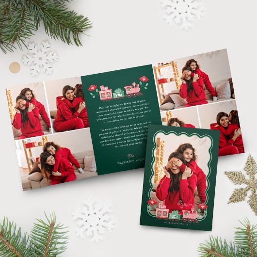 Roze Train Kerstboom Levering Foto's Drieluik Wenskaart